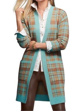 Talbots Bird's Eye Plaid Long Open Front Cardigan Teal Blue Brown Pockets M EUC